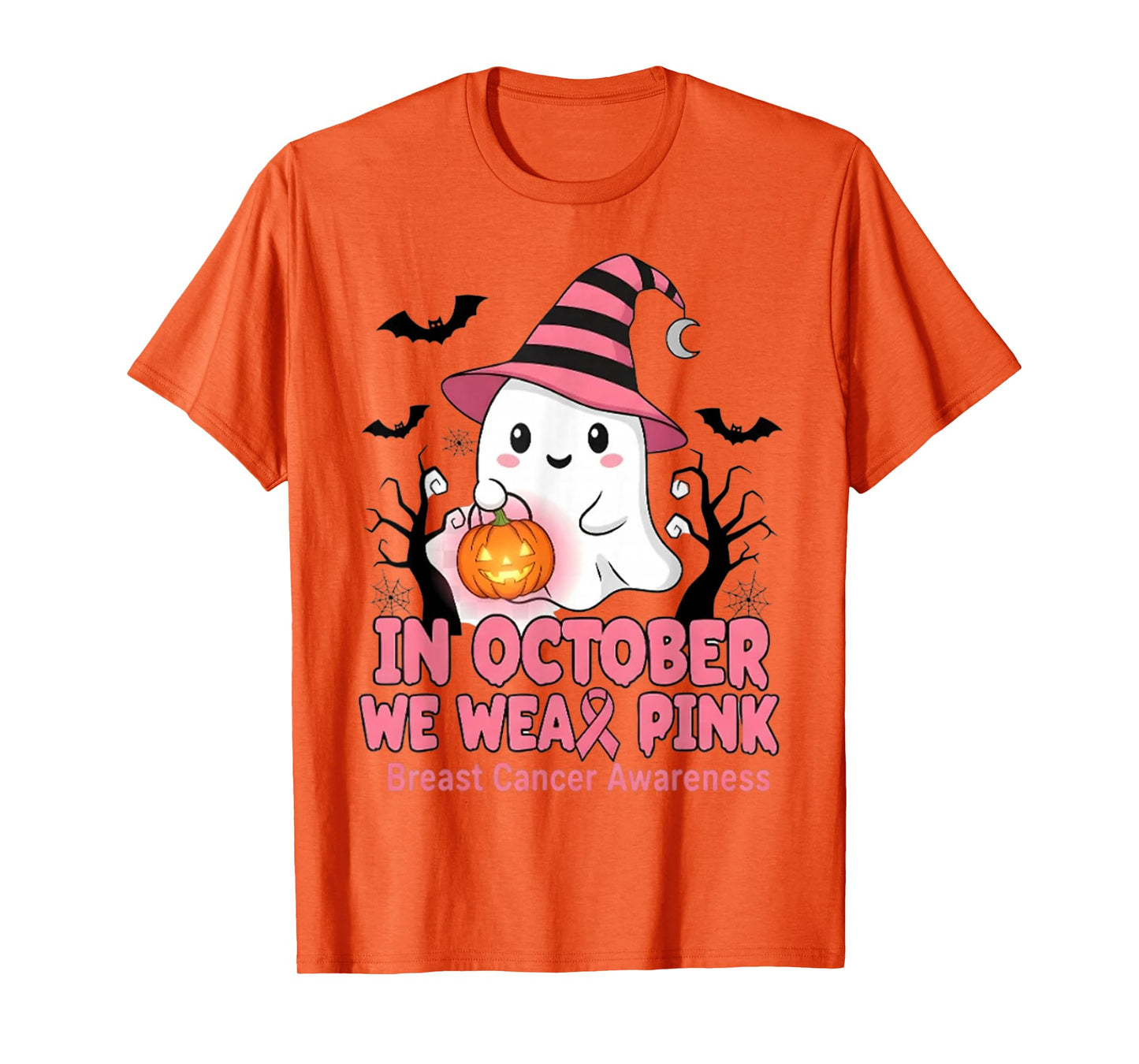 in October We Wear Pink Ghost Witch Breast Cancer Awareness T-Shirt