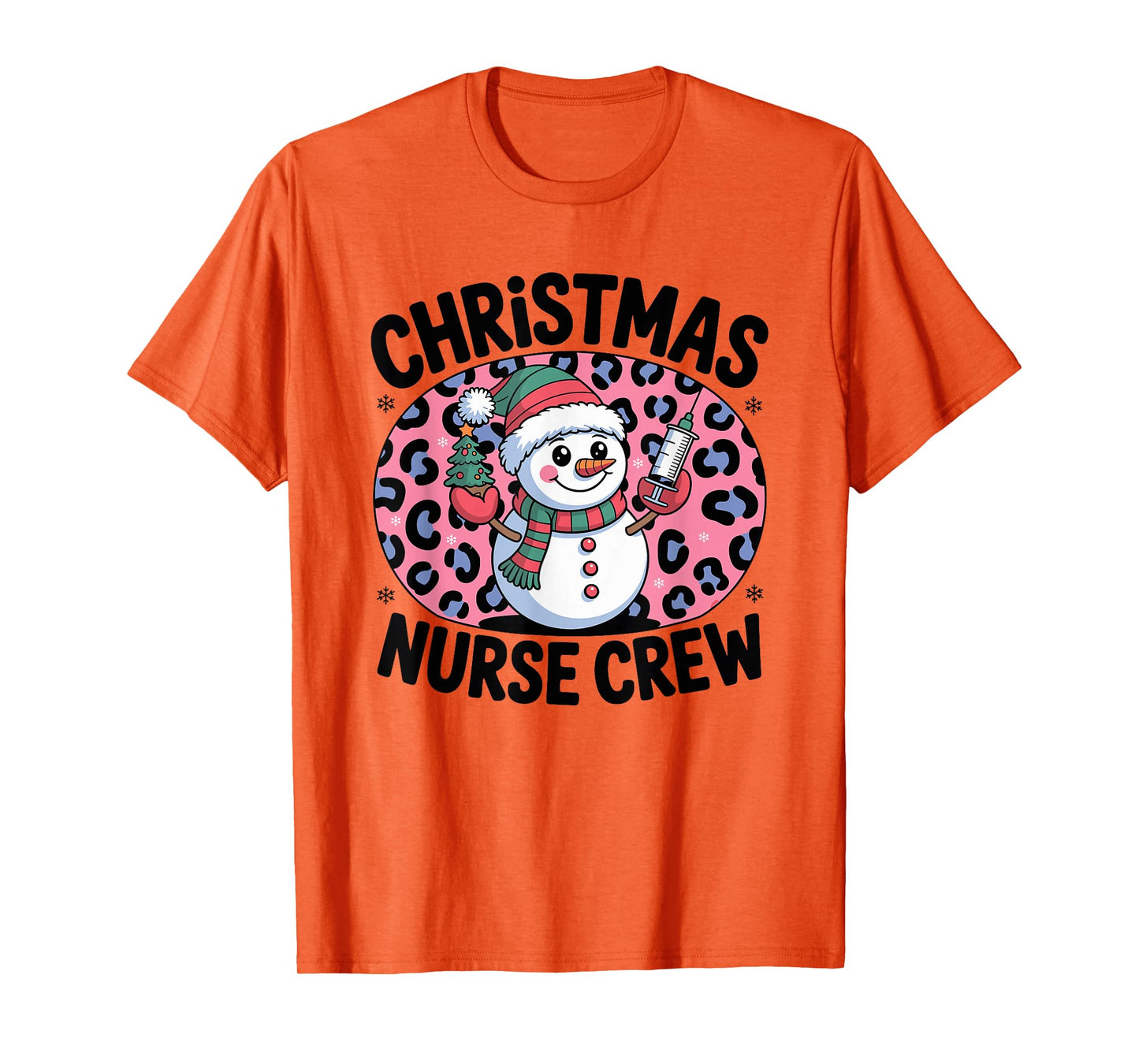 Nurse Christmas Crew Snowman Pink Leopard Print T-Shirt