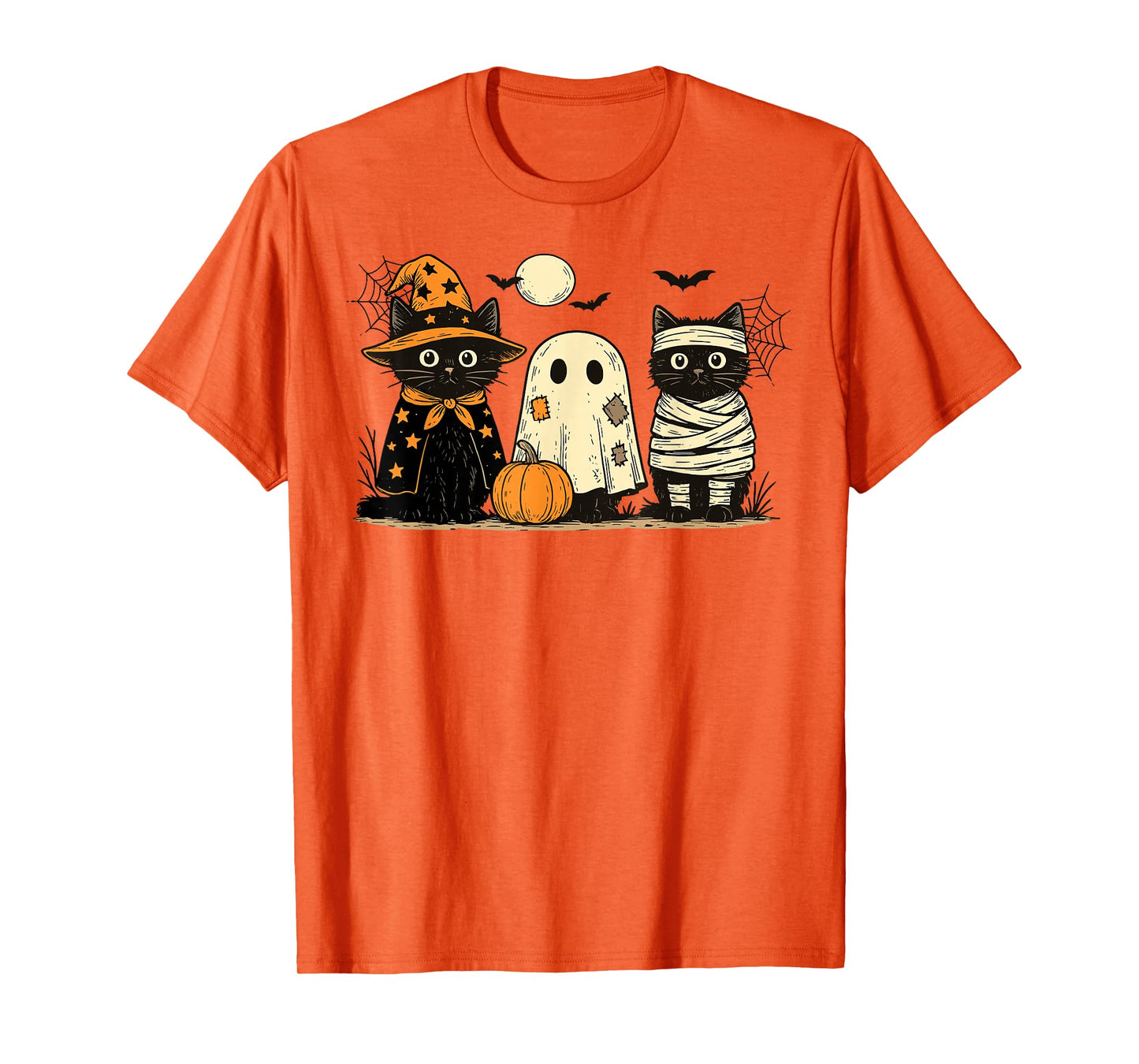 Retro Black Cat Witch Scary Halloween Pumpkin Women Men Kids T-Shirt