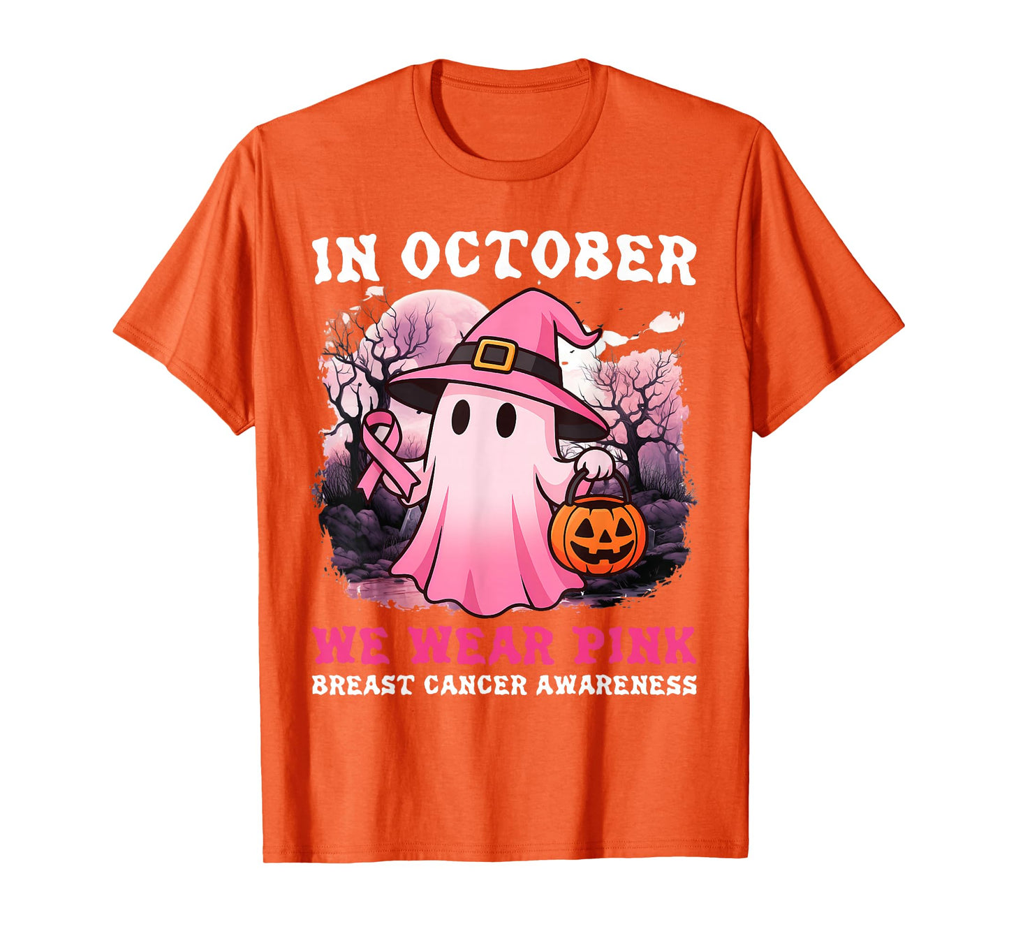 in October We Wear Pink Ghost Witch Breast Cancer Awareness T-Shirt