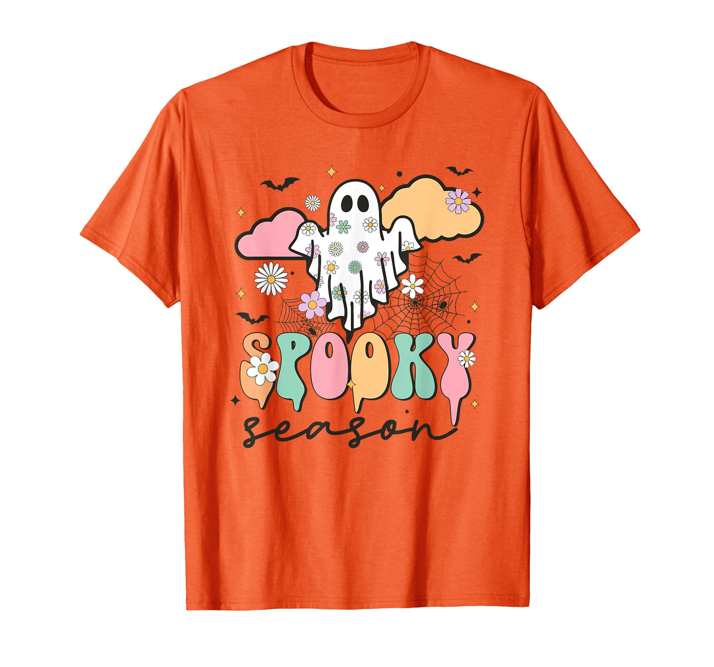 Groovy Spooky Season Retro Ghost Holding Pumpkin Halloween T-Shirt