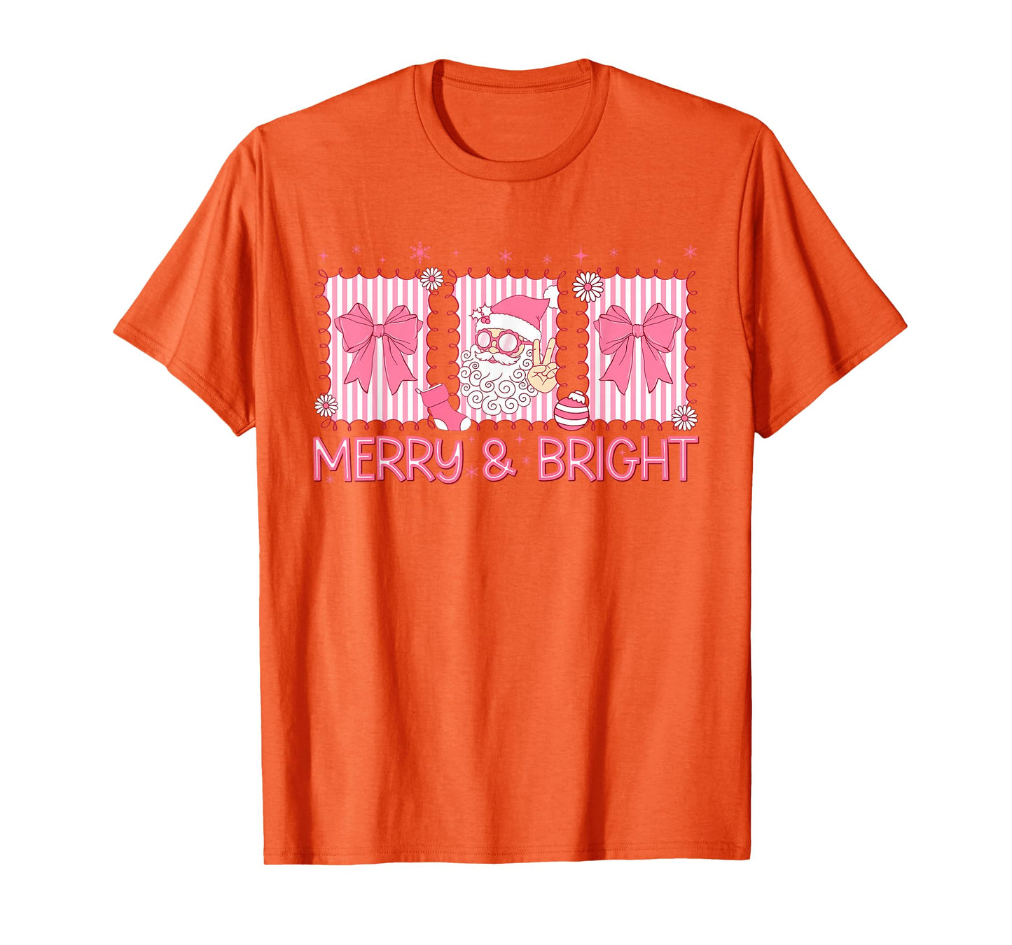Merry and Bright Pink Coquette Santa Claus Bow Christmas T-Shirt