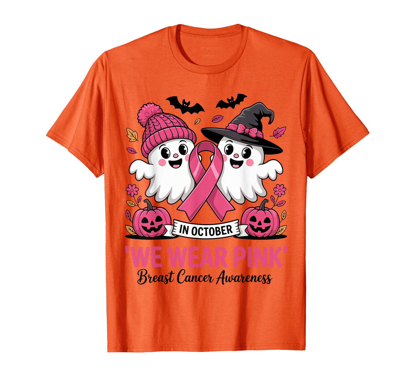 in October We Wear Pink Ghost Witch Breast Cancer Awareness T-Shirt