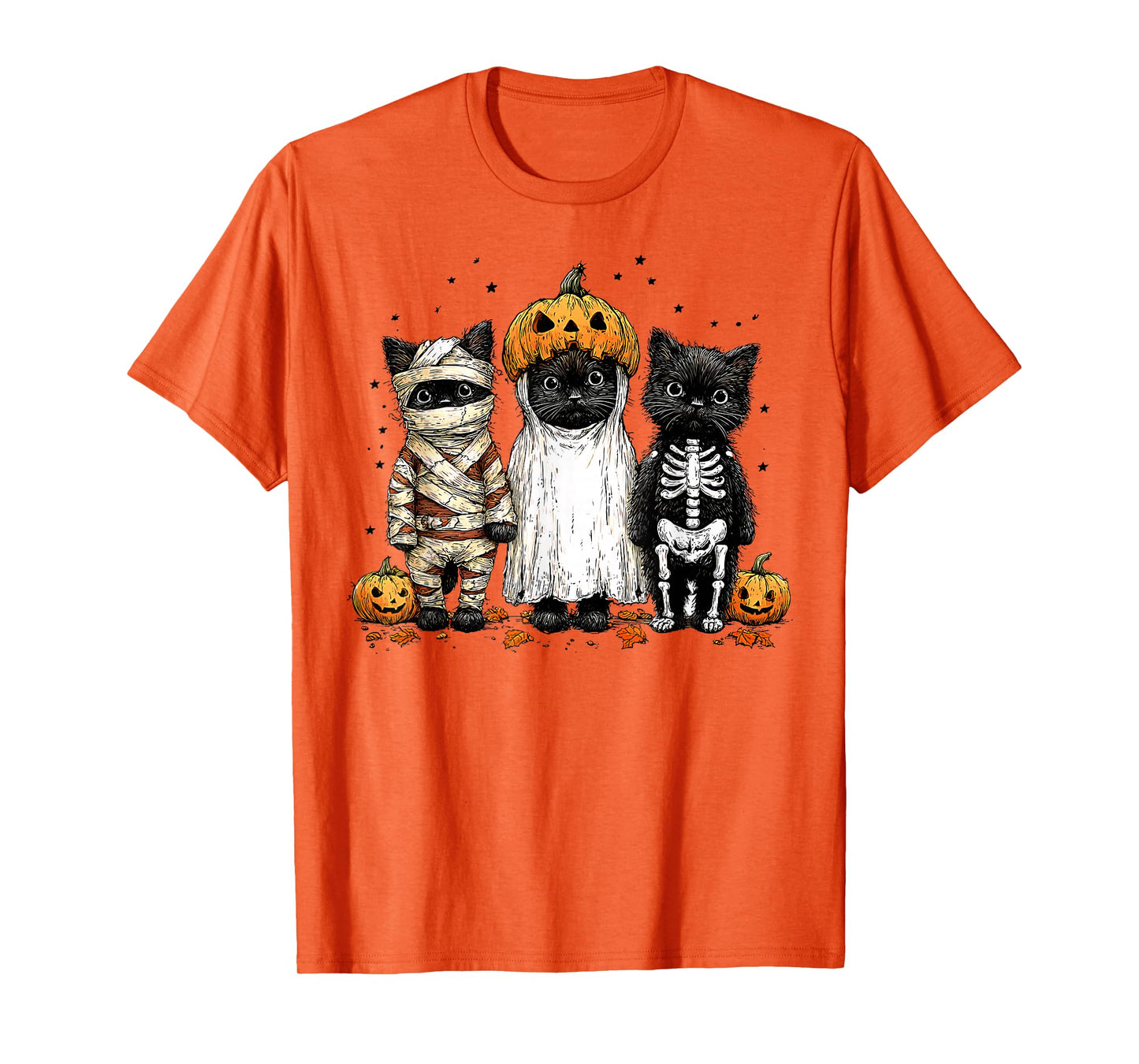 Retro Black Cat Witch Scary Halloween Pumpkin Women Men Kids T-Shirt