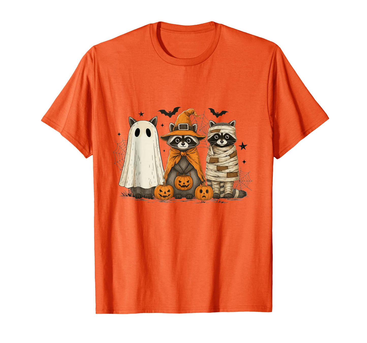 Retro Raccoon Witch Scary Halloween Pumpkin Men Women Kids T-Shirt
