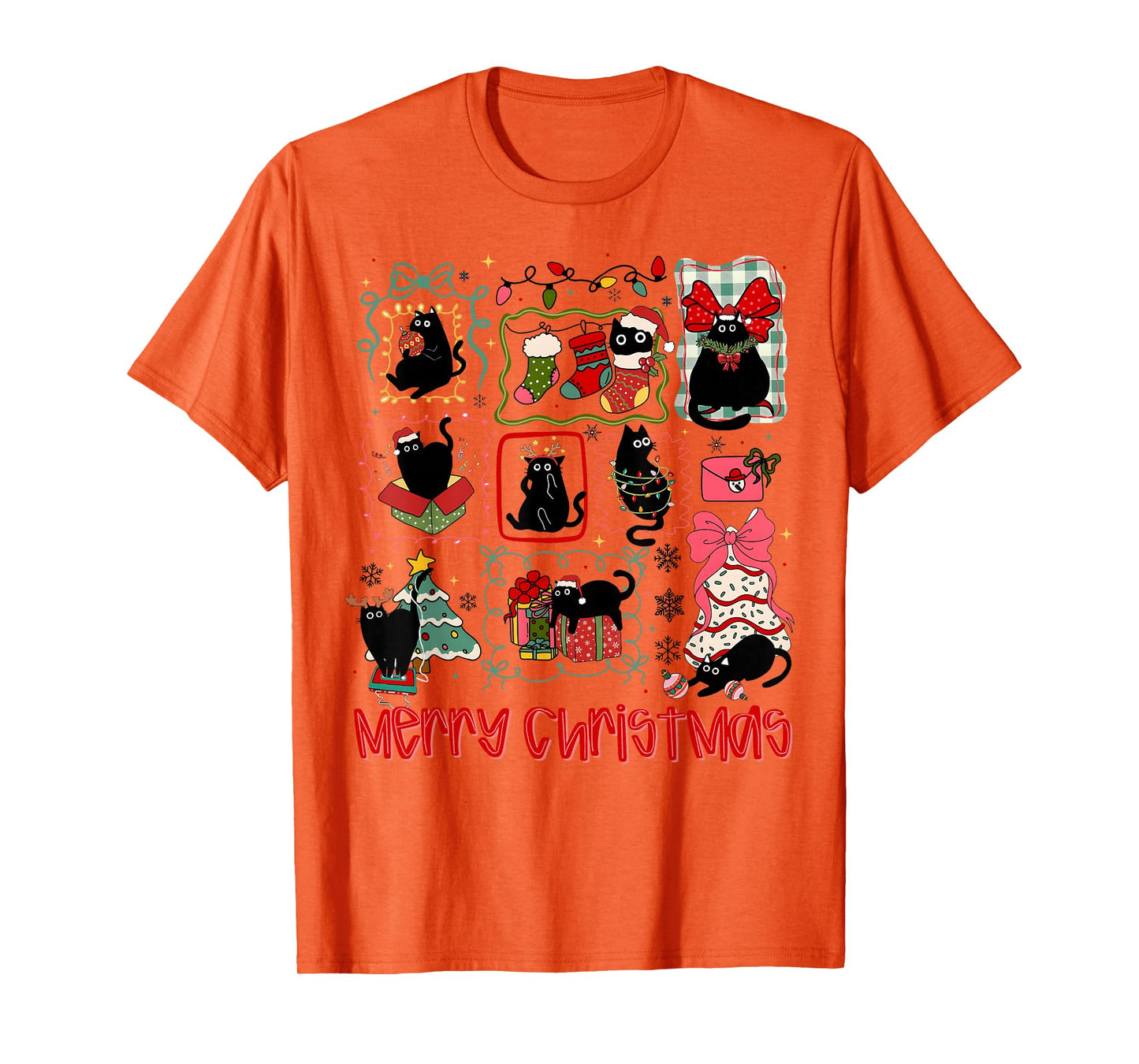 Merry Christmas Black Cat Coquette Bow Xmas Light Girl Women T-Shirt