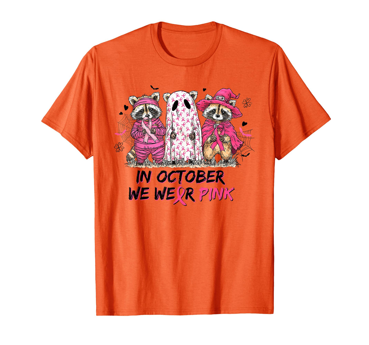 in October We Wear Pink Ghost Witch Breast Cancer Raccoons T-Shirt