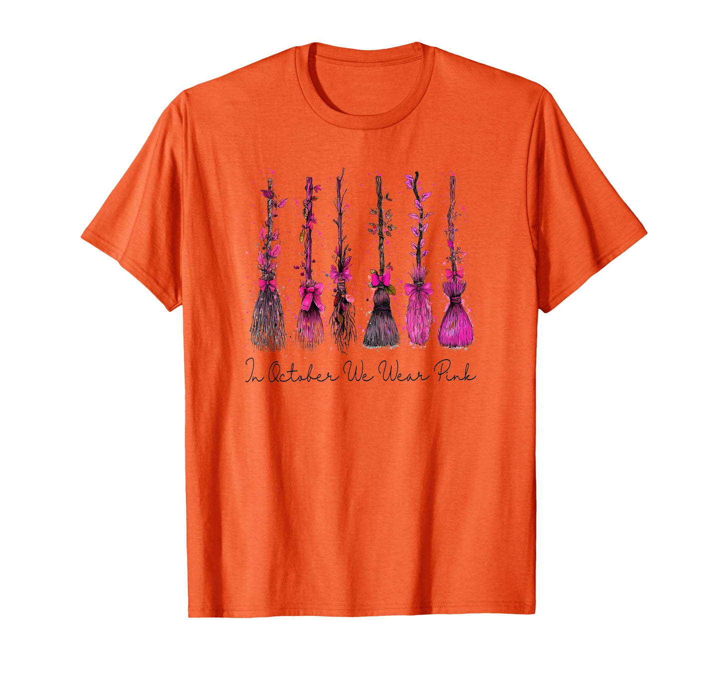 in October We Wear Pink Witches Brooms Spooky Breast Cancer T-Shirt