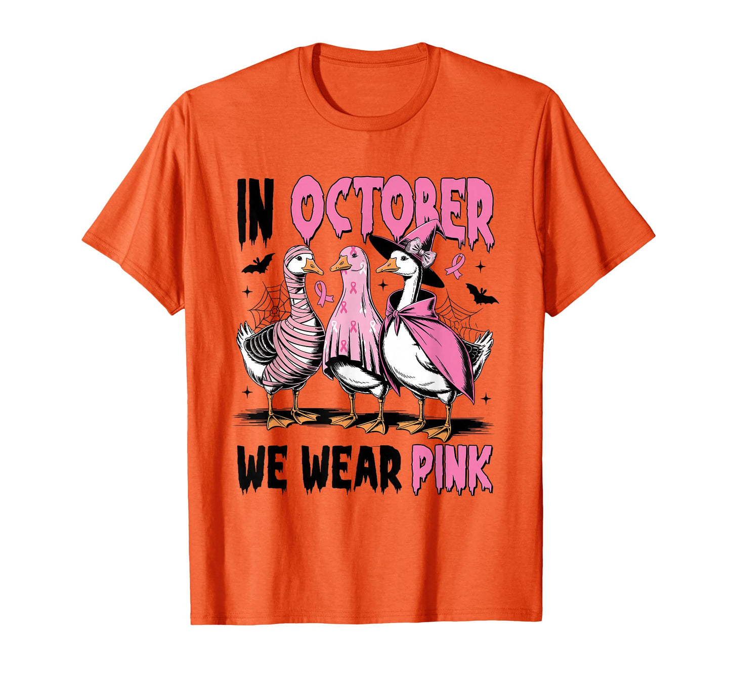 in October We Wear Pink Breast Cancer Halloween Silly Goose T-Shirt