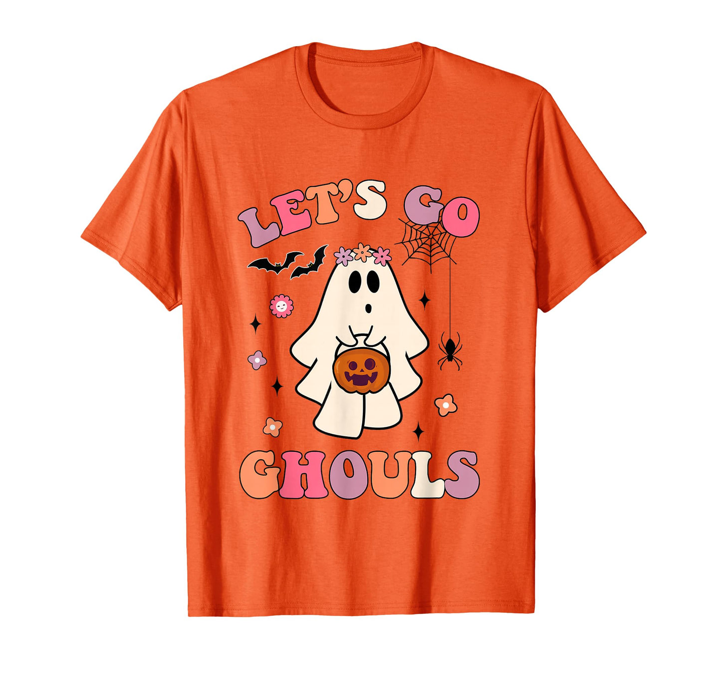 Funny Halloween Ghost Holding Pumpkin Let's Go Ghouls Groovy T-Shirt