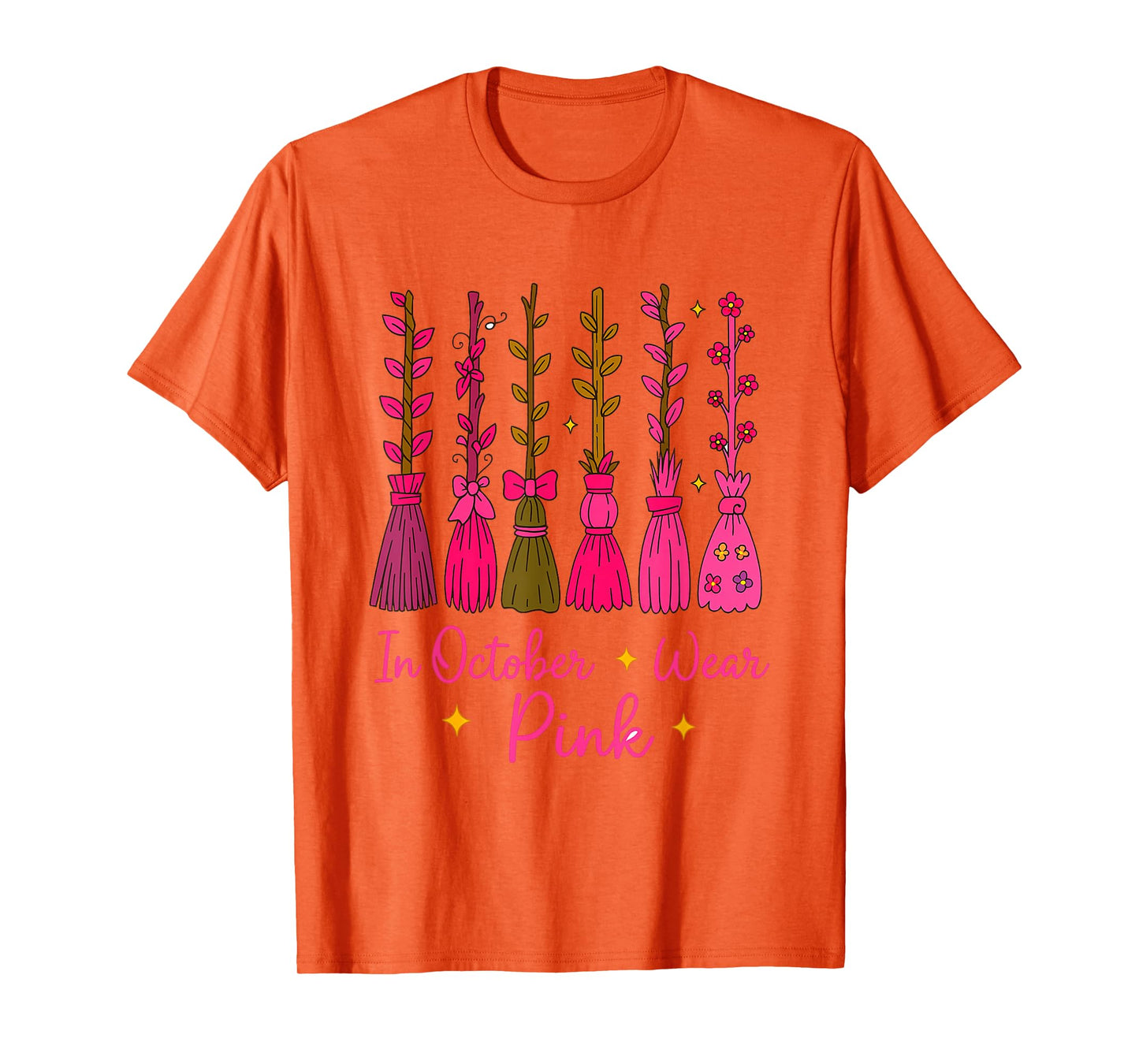 in October We Wear Pink Broom Witch Breast Cancer Awareness T-Shirt