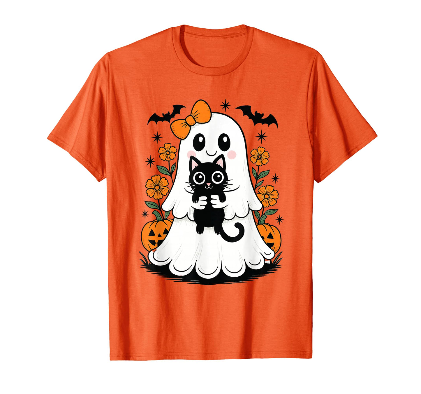 Vintage Halloween Ghost Holding Black Cat Groovy Floral T-Shirt
