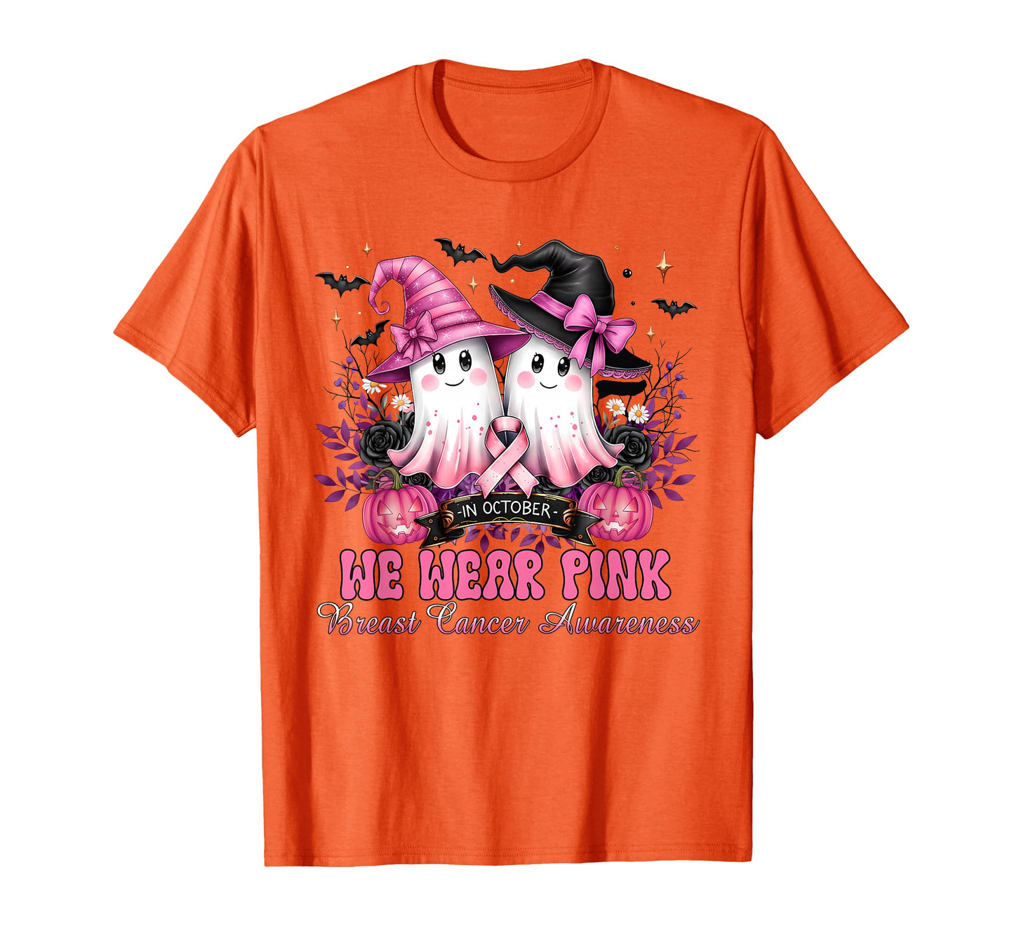 in October We Wear Pink Ghost Witch Breast Cancer Awareness T-Shirt