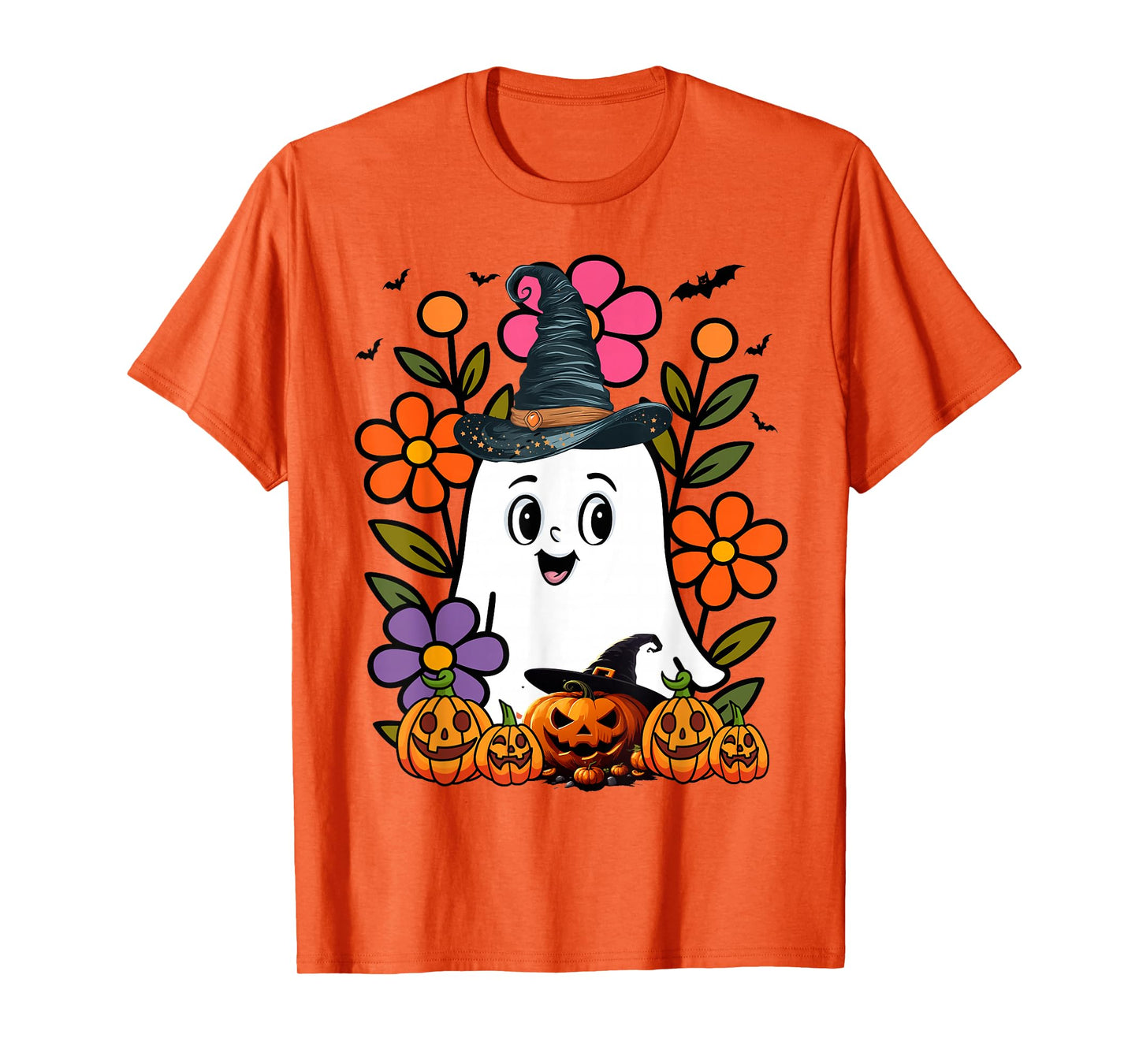 Funny Floral Ghost with Vintage Pumpkin Fall Halloween T-Shirt