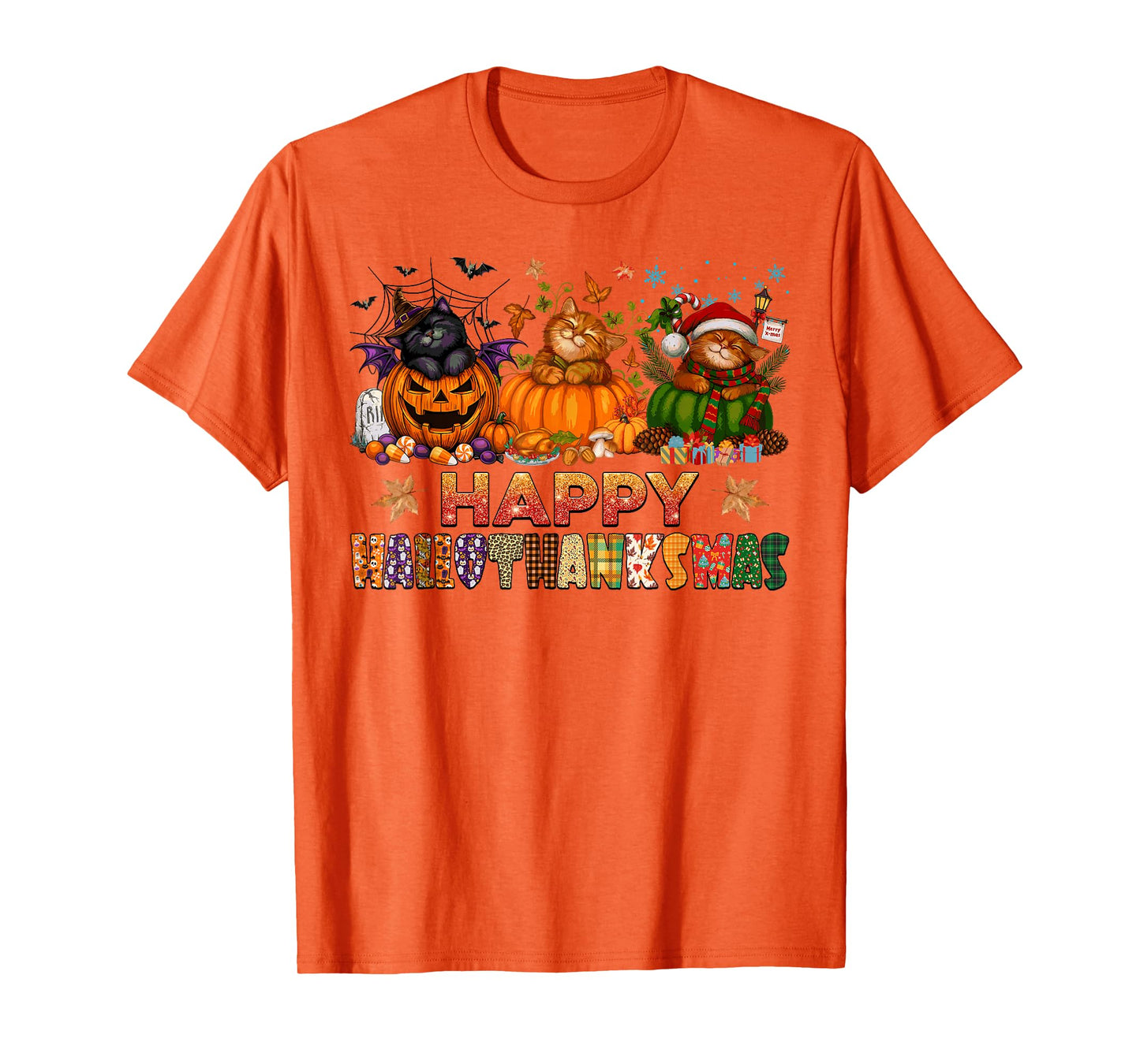 Happy Hallothanksmas Cats Halloween Thanksgiving Christmas T-Shirt