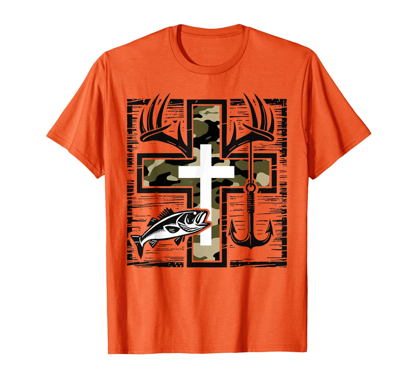Faith Fishing Hunting Camo Cross with Hook Bass Christian T-Shirt