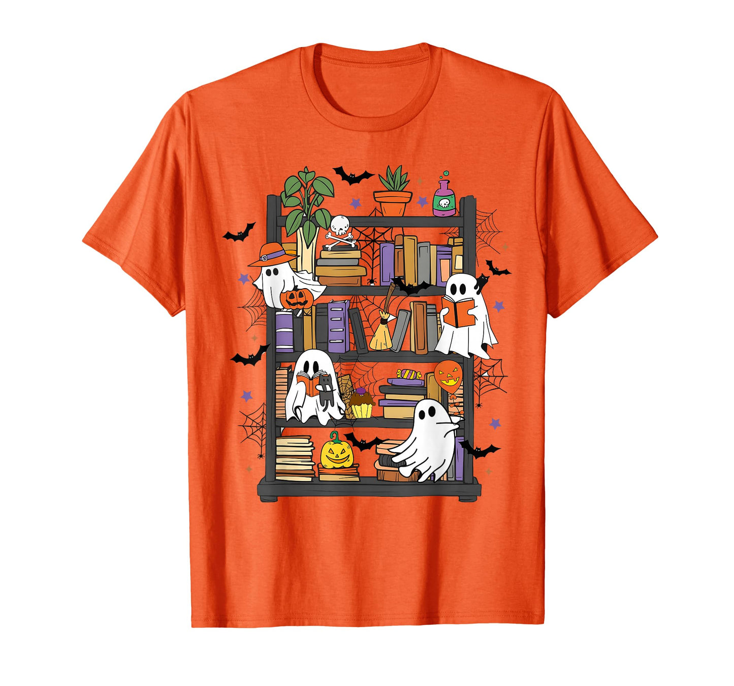 Ghost Reading Books Library Halloween Men Women Kids T-Shirt