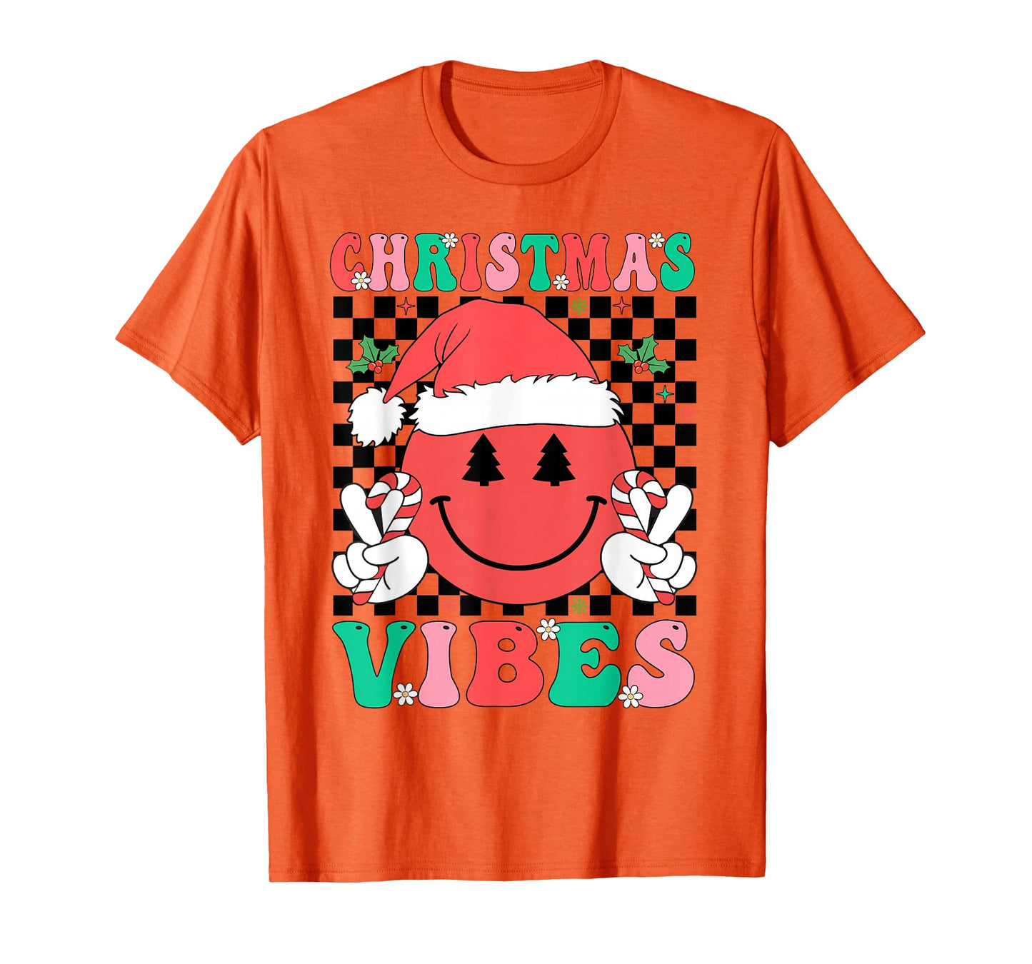 Groovy Christmas Vibes Smile Face Santa Hat Xmas Girls Women T-Shirt