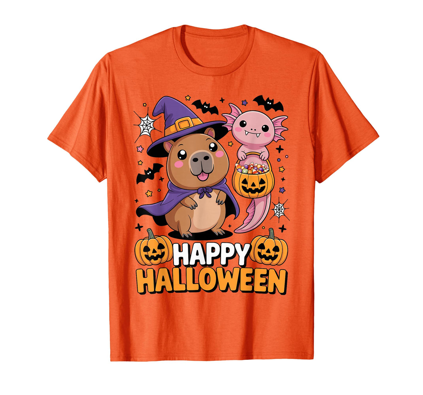 Cute Capybara and Axolotl Happy Halloween Kids T-Shirt