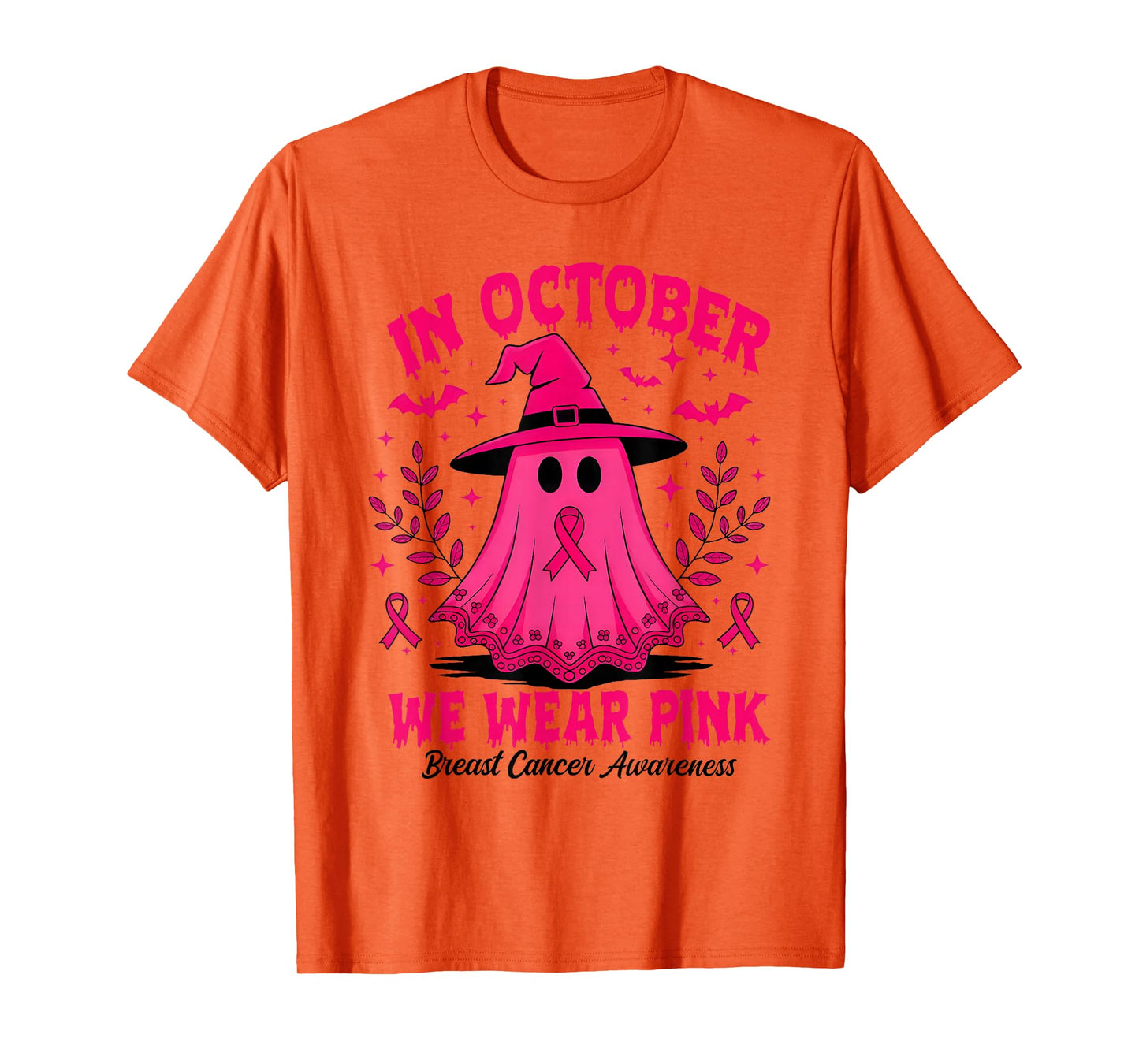 in October We Wear Pink Ghost Witch Breast Cancer Awareness T-Shirt