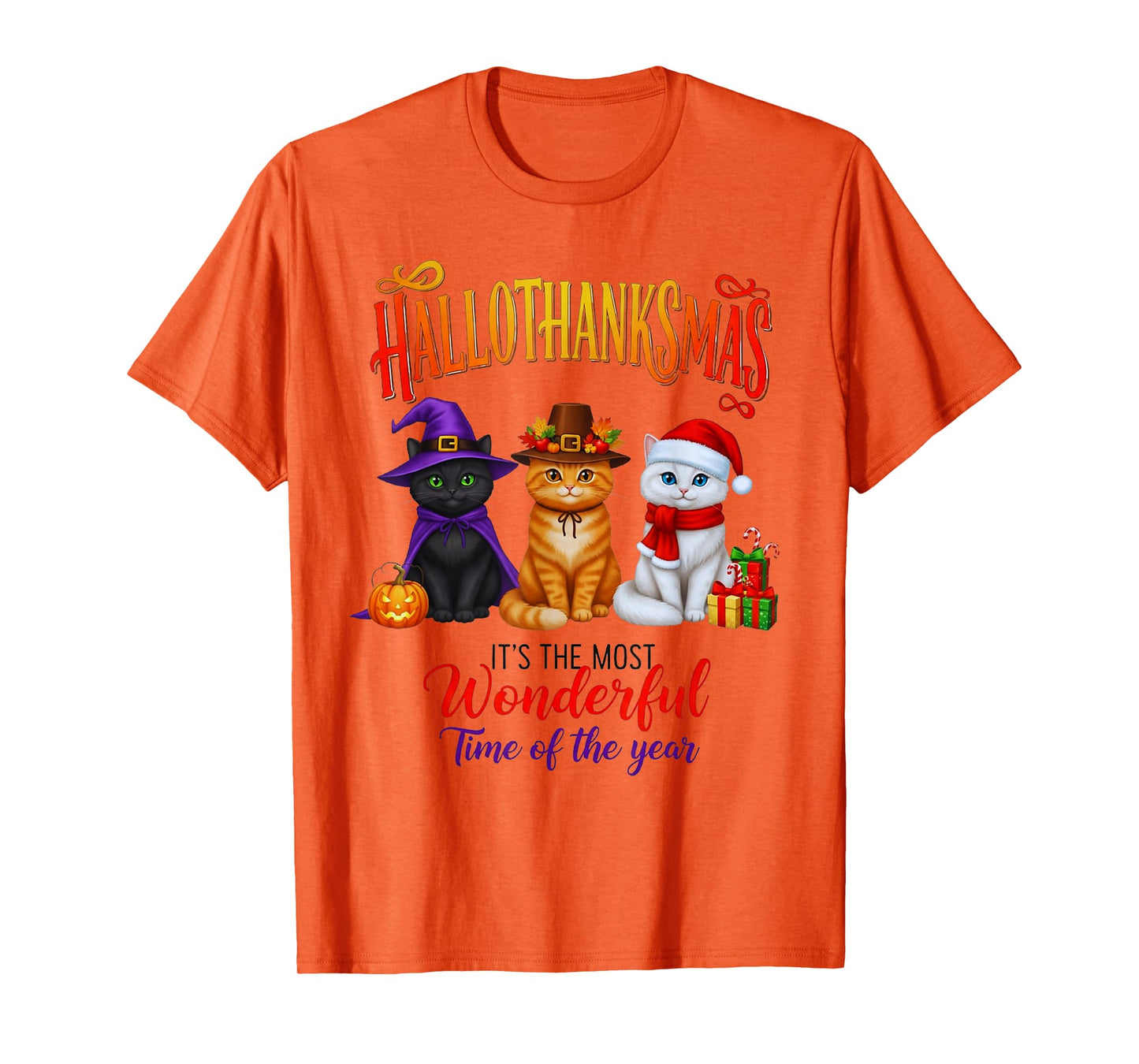 Halloween Thanksgiving Christmas Happy HalloThanksMas Cats T-Shirt