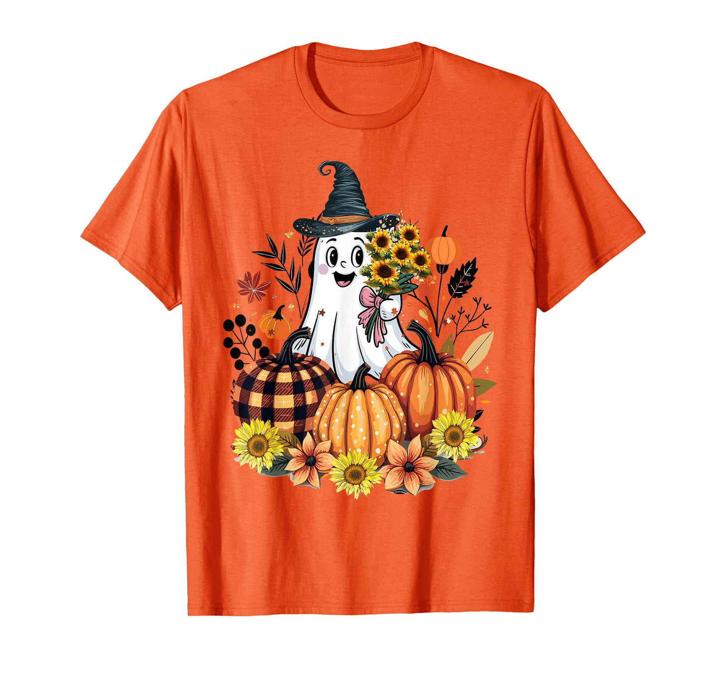 Funny Floral Ghost with Vintage Pumpkin Fall Halloween T-Shirt