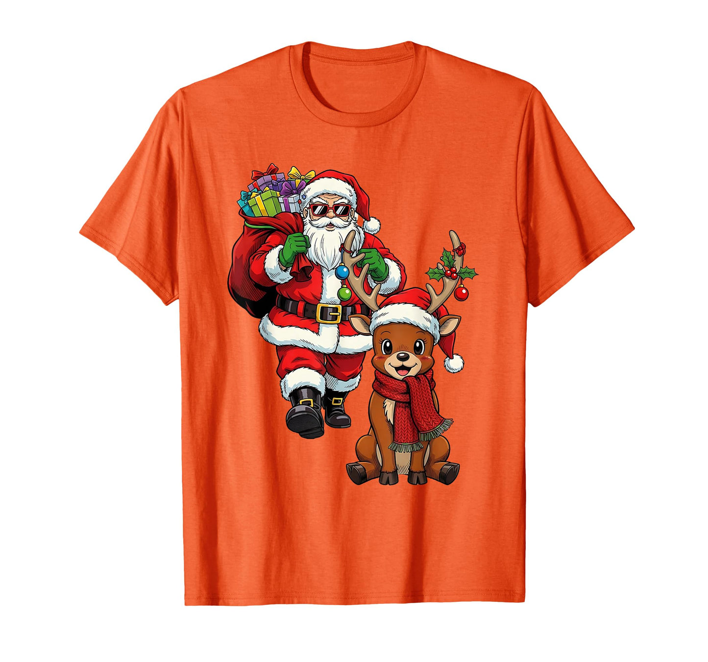 Santa Claus with Reindeer and Gifts Cool Christmas T-Shirt