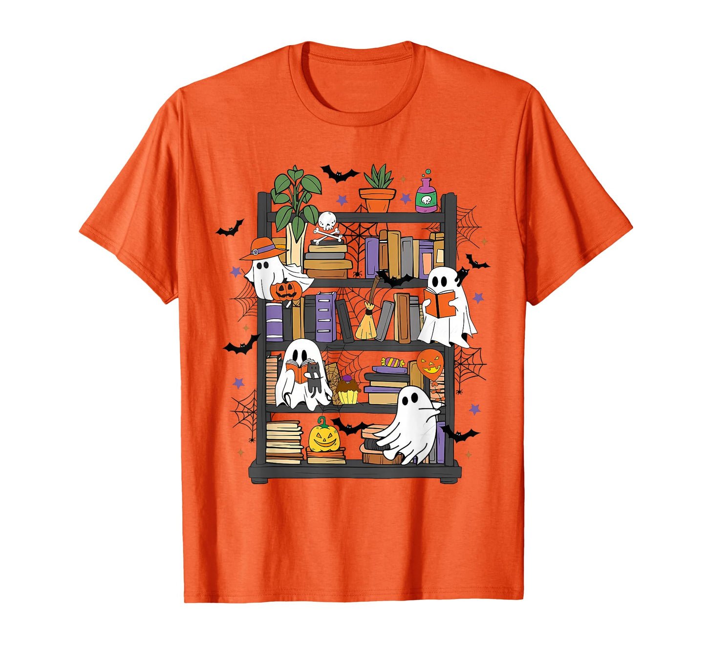 Ghost Library Reading Books Halloween Men Women Kids T-Shirt