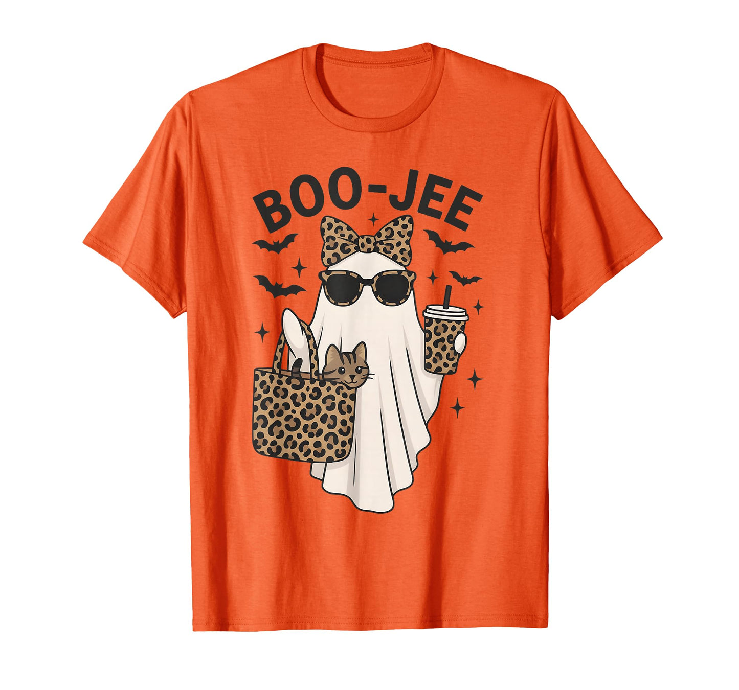 Coquette Leopard Cute Cat Ghost Coffee Boo-JEE Halloween T-Shirt