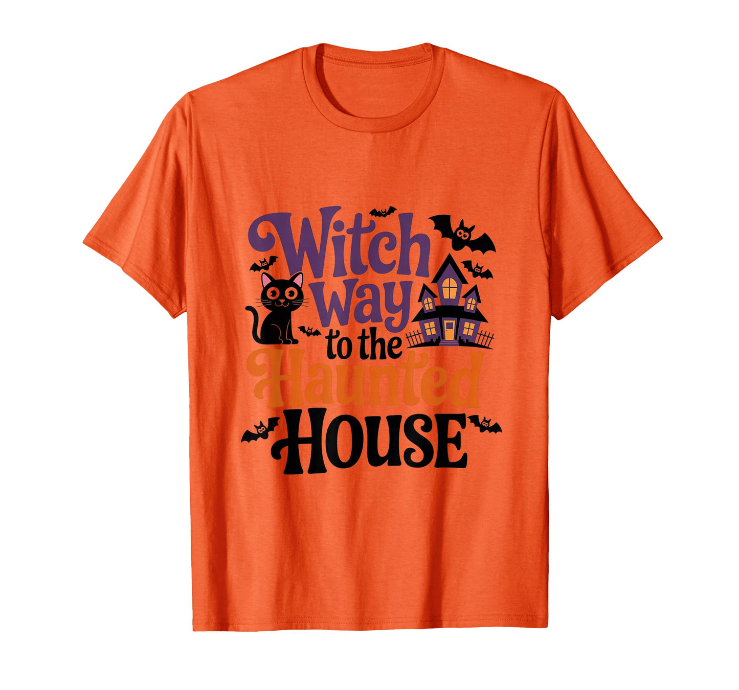 Witch Way to The Haunted House Funny Black Cat Halloween T-Shirt