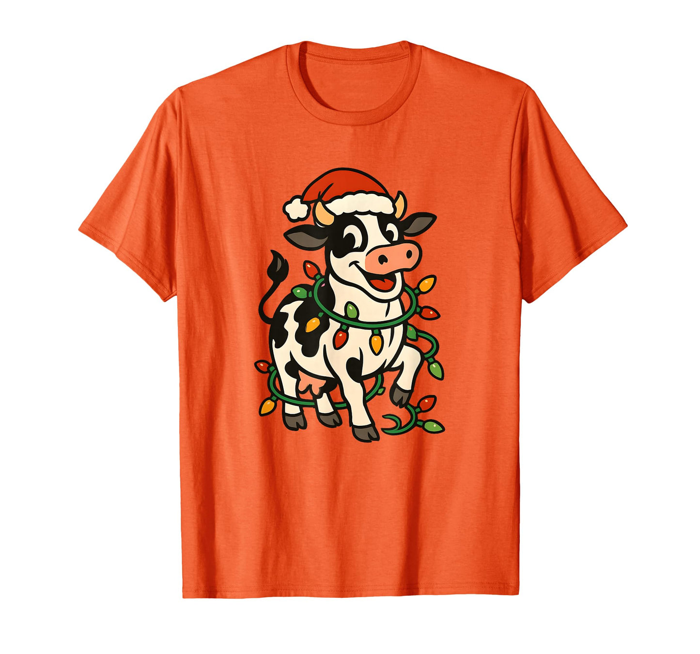 Christmas Holstein Cow Lights Santa Hat Black White Funny T-Shirt