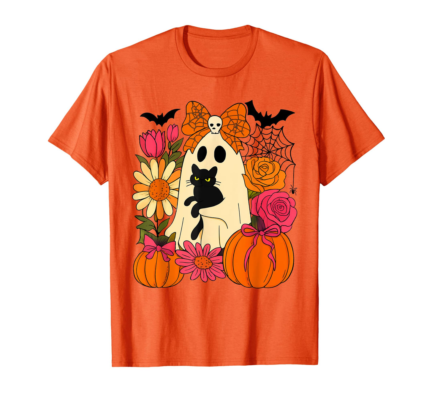 Vintage Halloween Ghost Holding Black Cat Groovy Floral T-Shirt