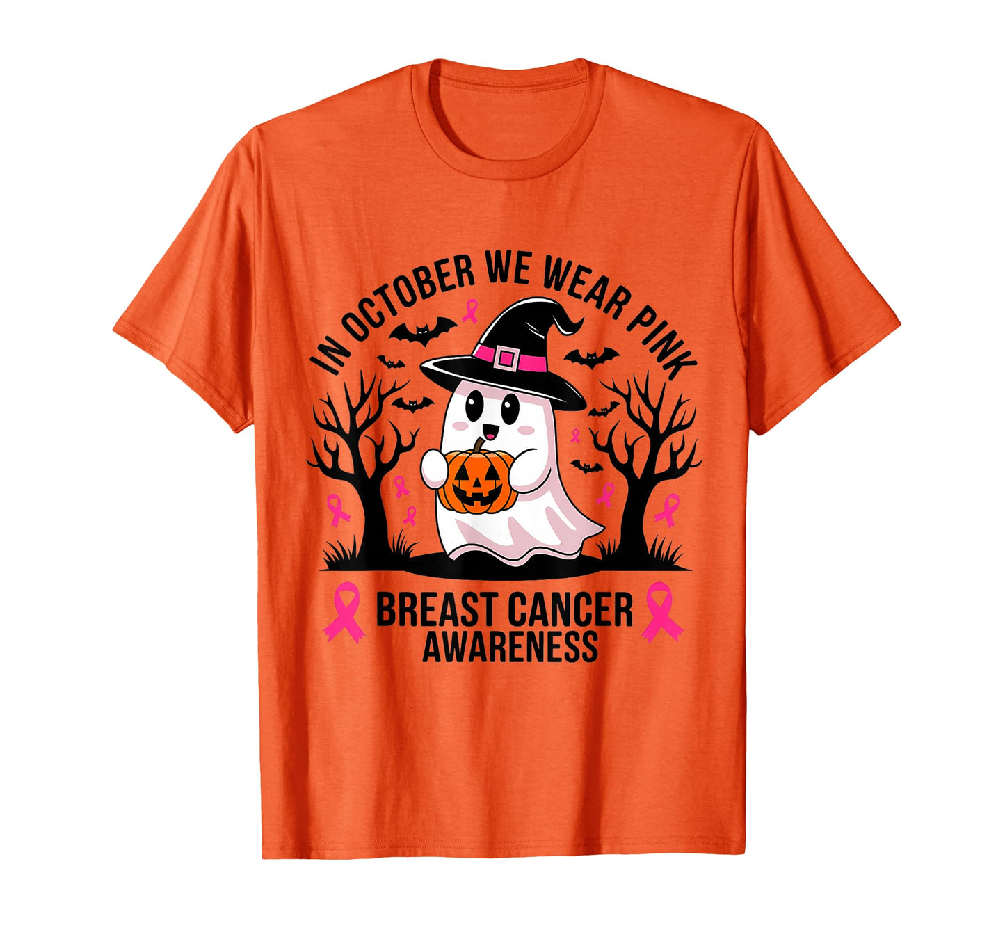 in October We Wear Pink Ghost Halloween Breast Cancer T-Shirt