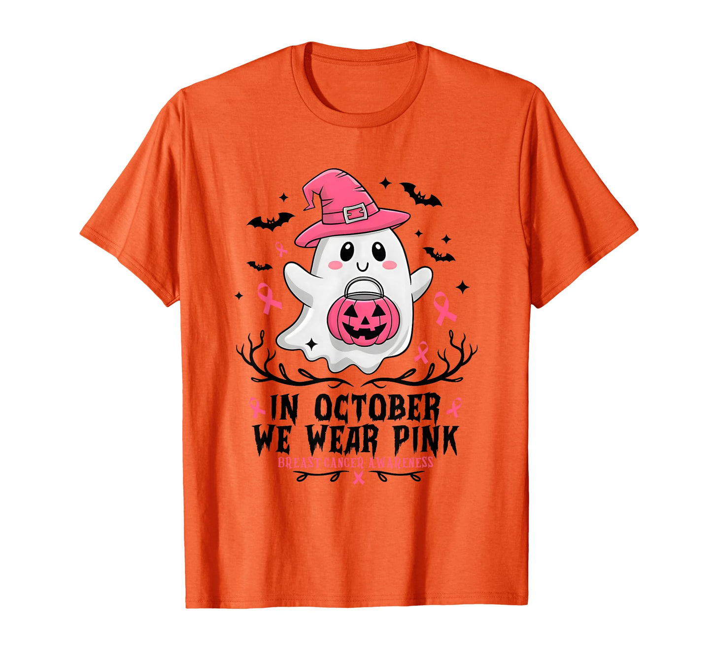 in October We Wear Pink Ghost Witch Breast Cancer Awareness T-Shirt