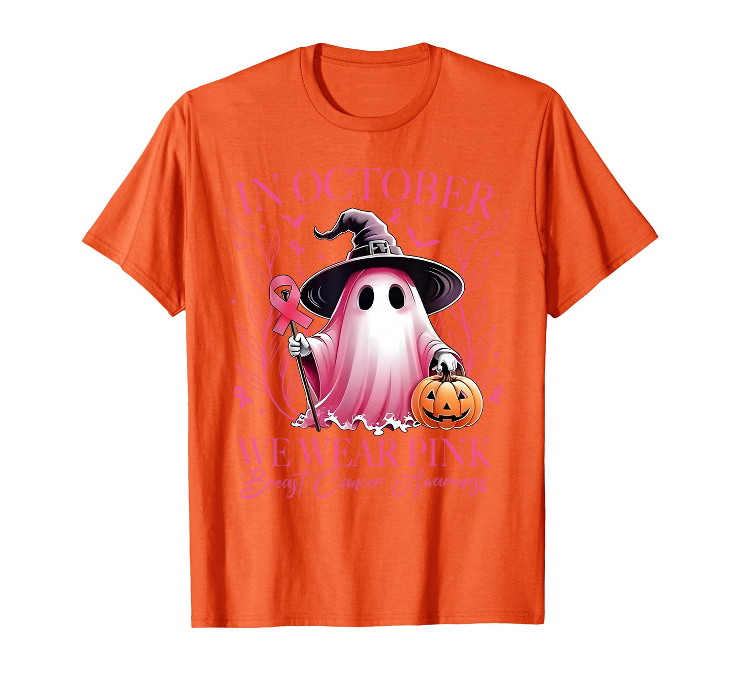 in October We Wear Pink Ghost Witch Breast Cancer Awareness T-Shirt