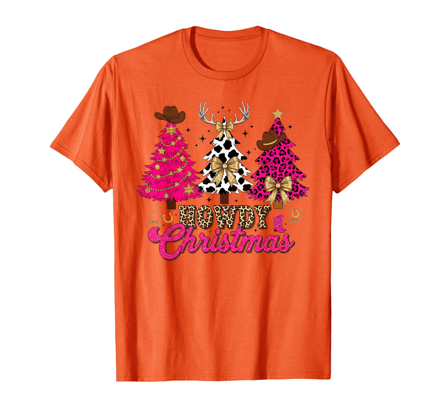 Howdy Christmas Pink Leopard Cow-Print Tree Coquette Cowgirl T-Shirt