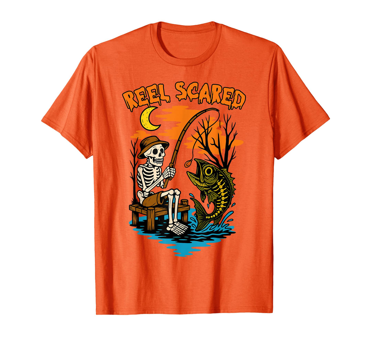 Vintage Reel Halloween Scared Fishing Skeleton Fisherman T-Shirt