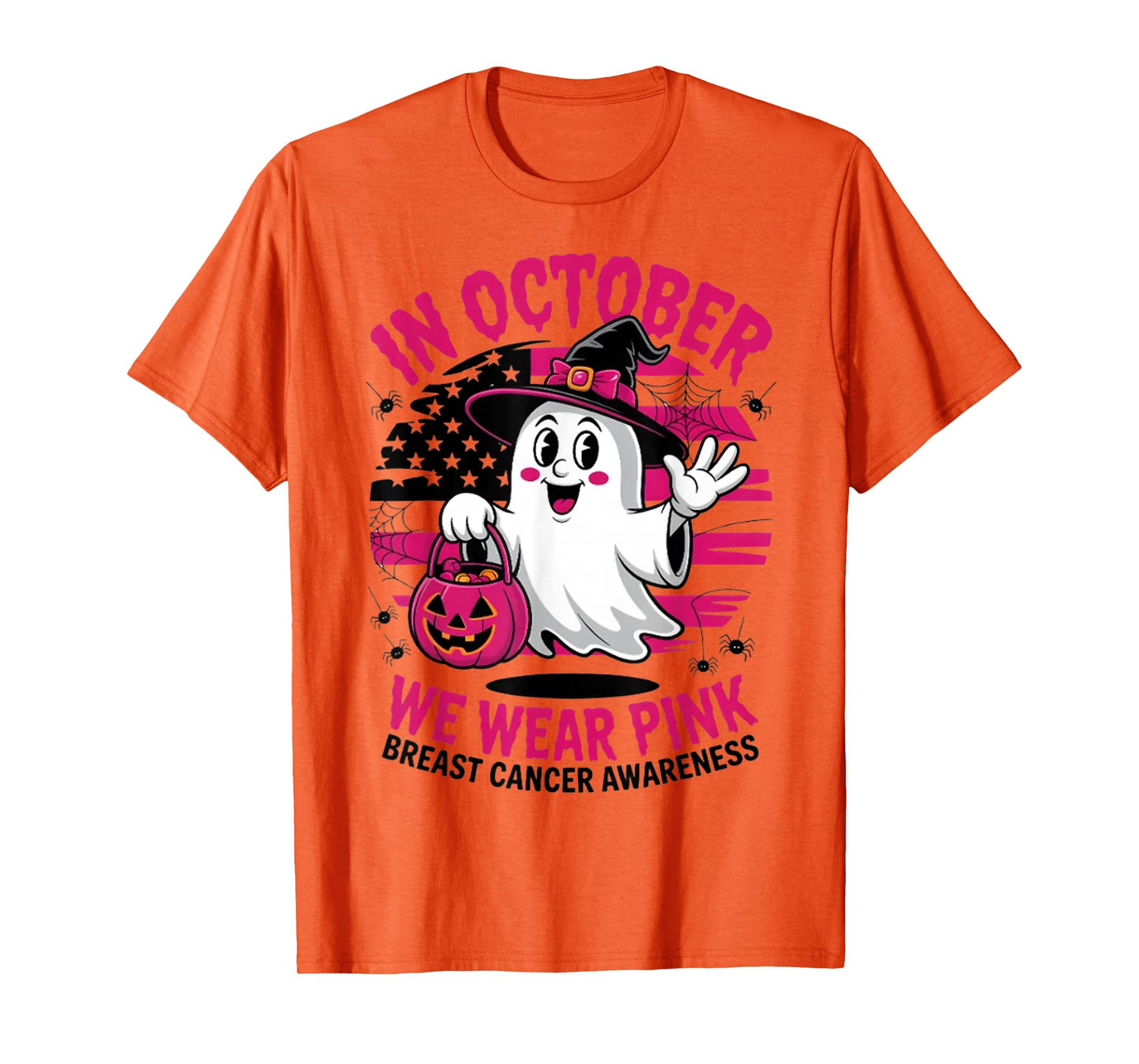 in October We Wear Pink Ghost Witch Breast Cancer Awareness T-Shirt