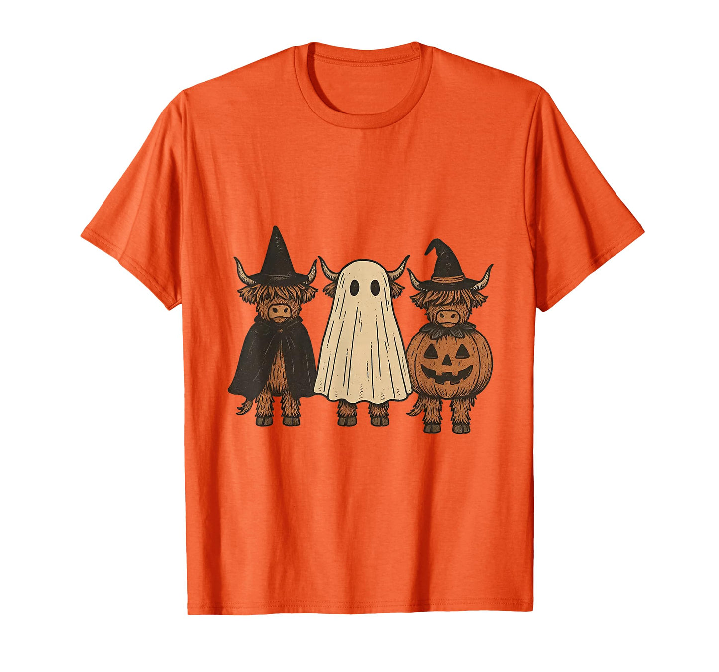 Halloween Highland Cow Ghost Witch Pumpkin T-Shirt
