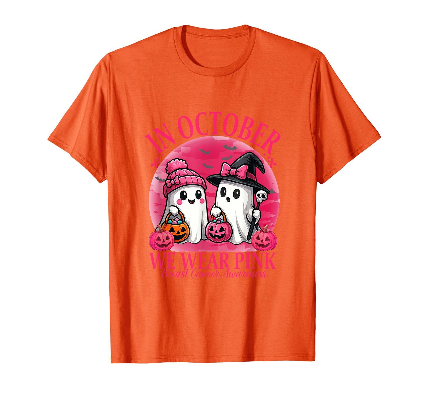 in October We Wear Pink Ghost Witch Breast Cancer Awareness T-Shirt