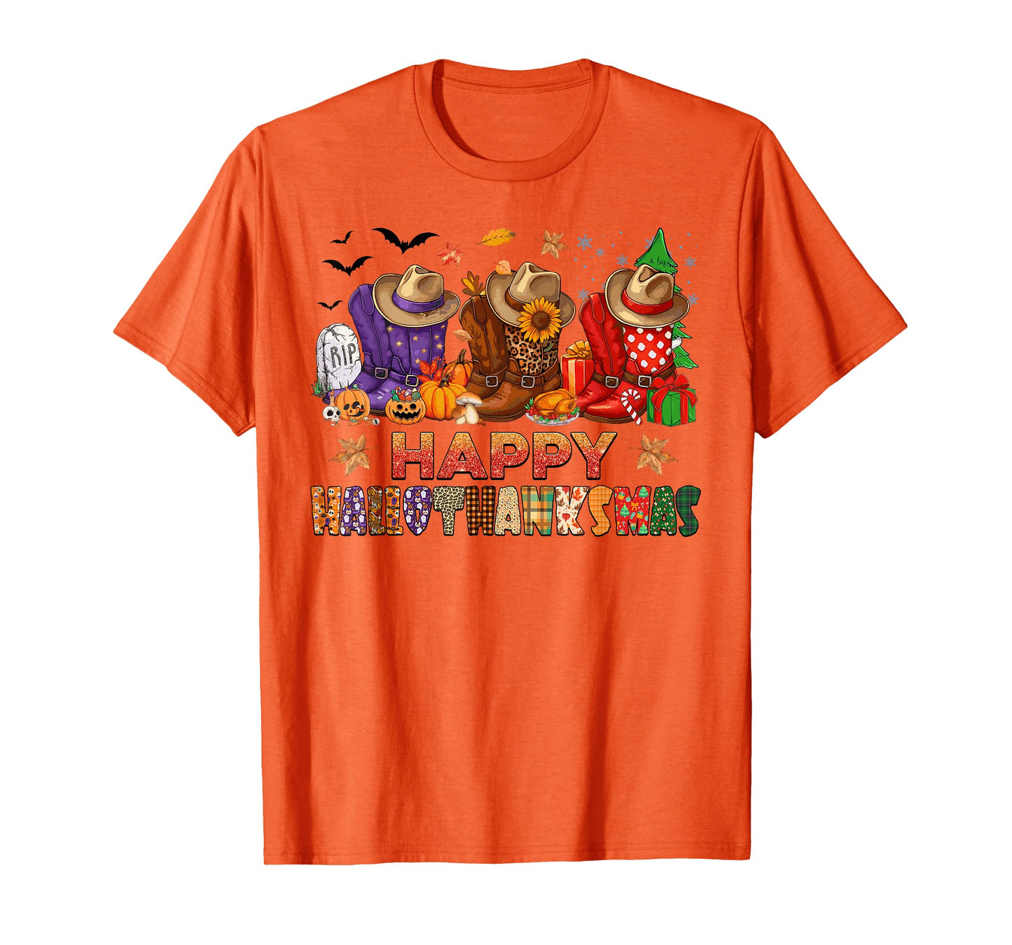 Happy Hallothanksmas Cowboy Boots Halloween Thanksgiving T-Shirt