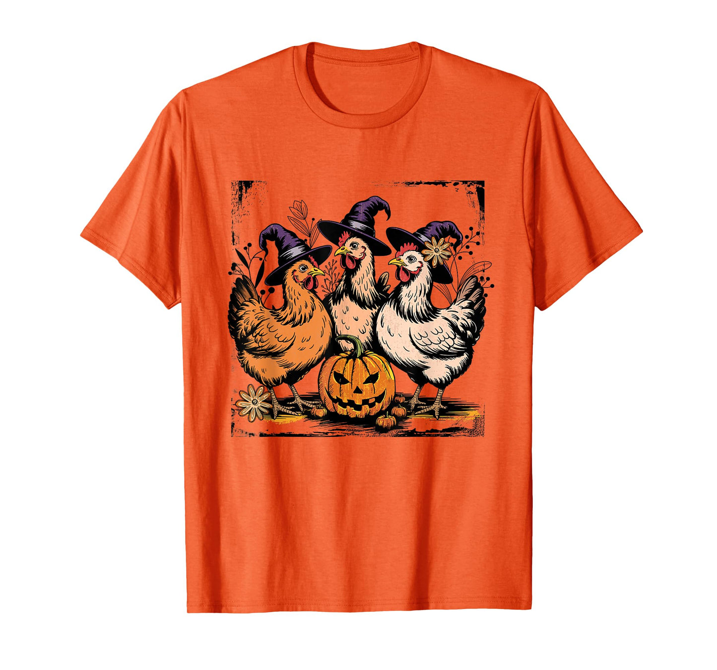 Retro Chicken Witch Pumpkin Flowers Funny Halloween T-Shirt