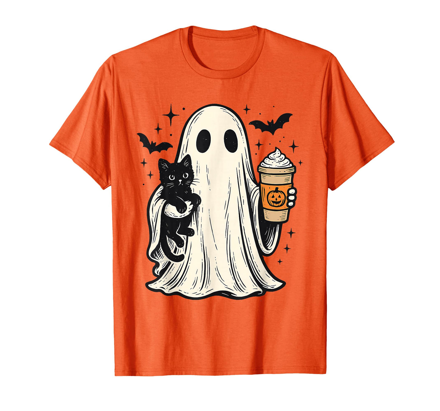 Cute Halloween Ghost Holding Black Cat Fall Coffee for Women T-Shirt