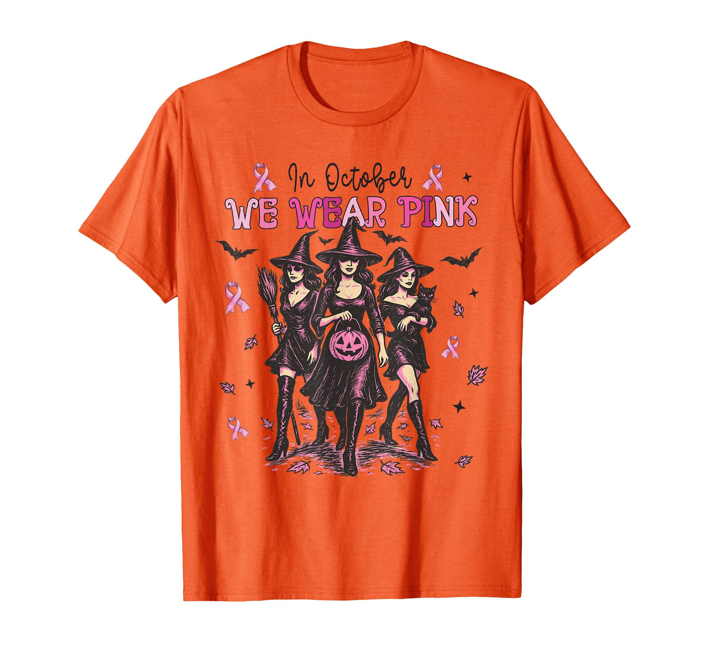 in October We Wear Pink Witch Halloween Breast Cancer Women T-Shirt