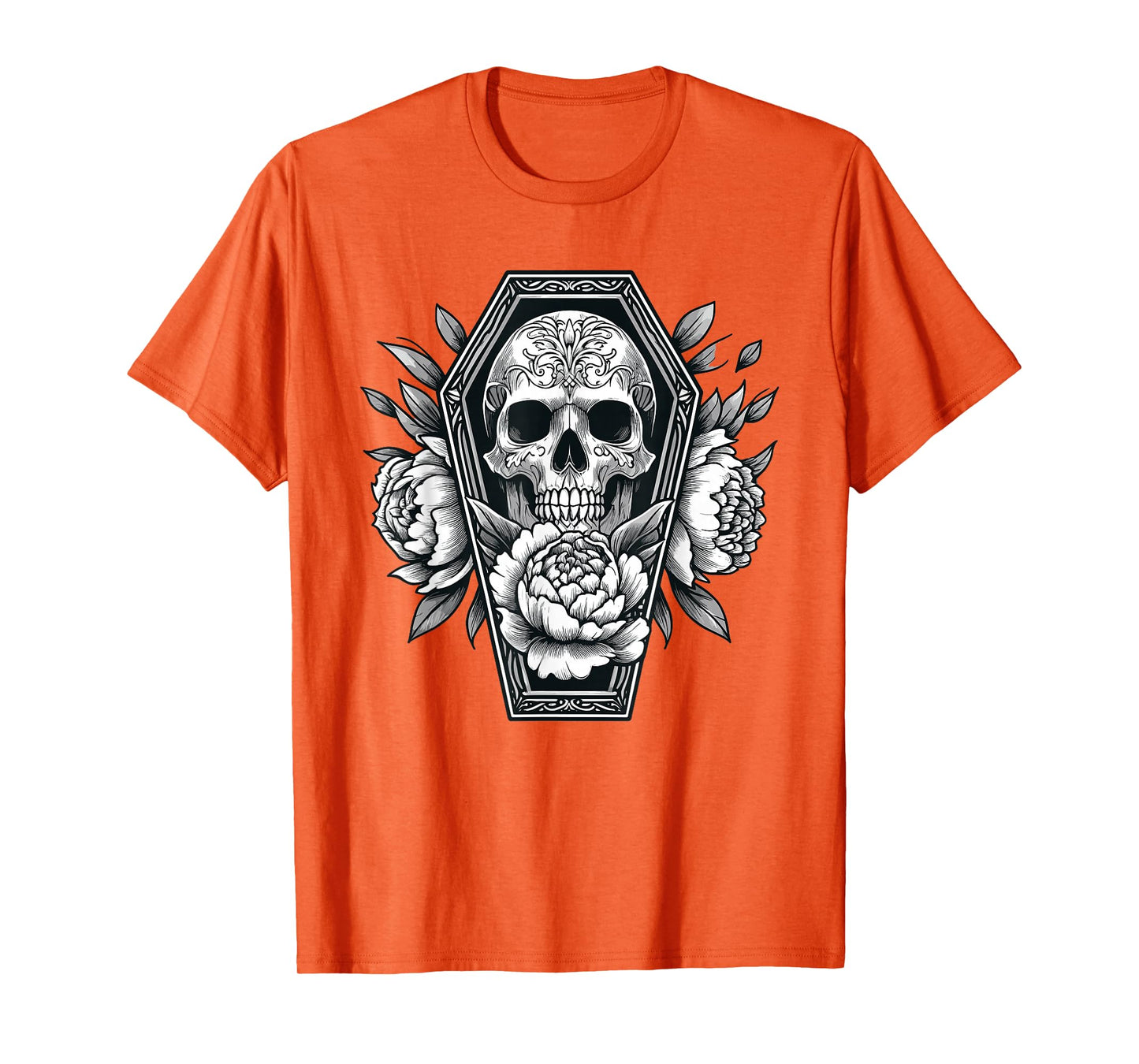 Goth Skull and Roses in Coffin Halloween Spooky Occult Pagan T-Shirt