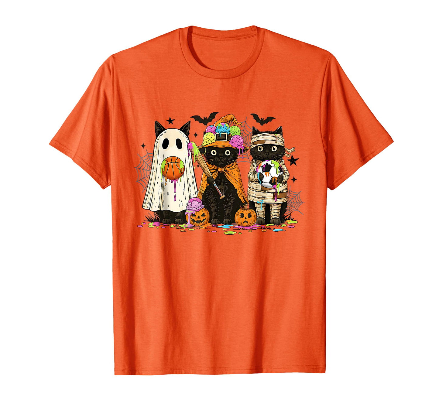 Retro Black Cat Ice Cream Drip Halloween Baseball Soccer T-Shirt