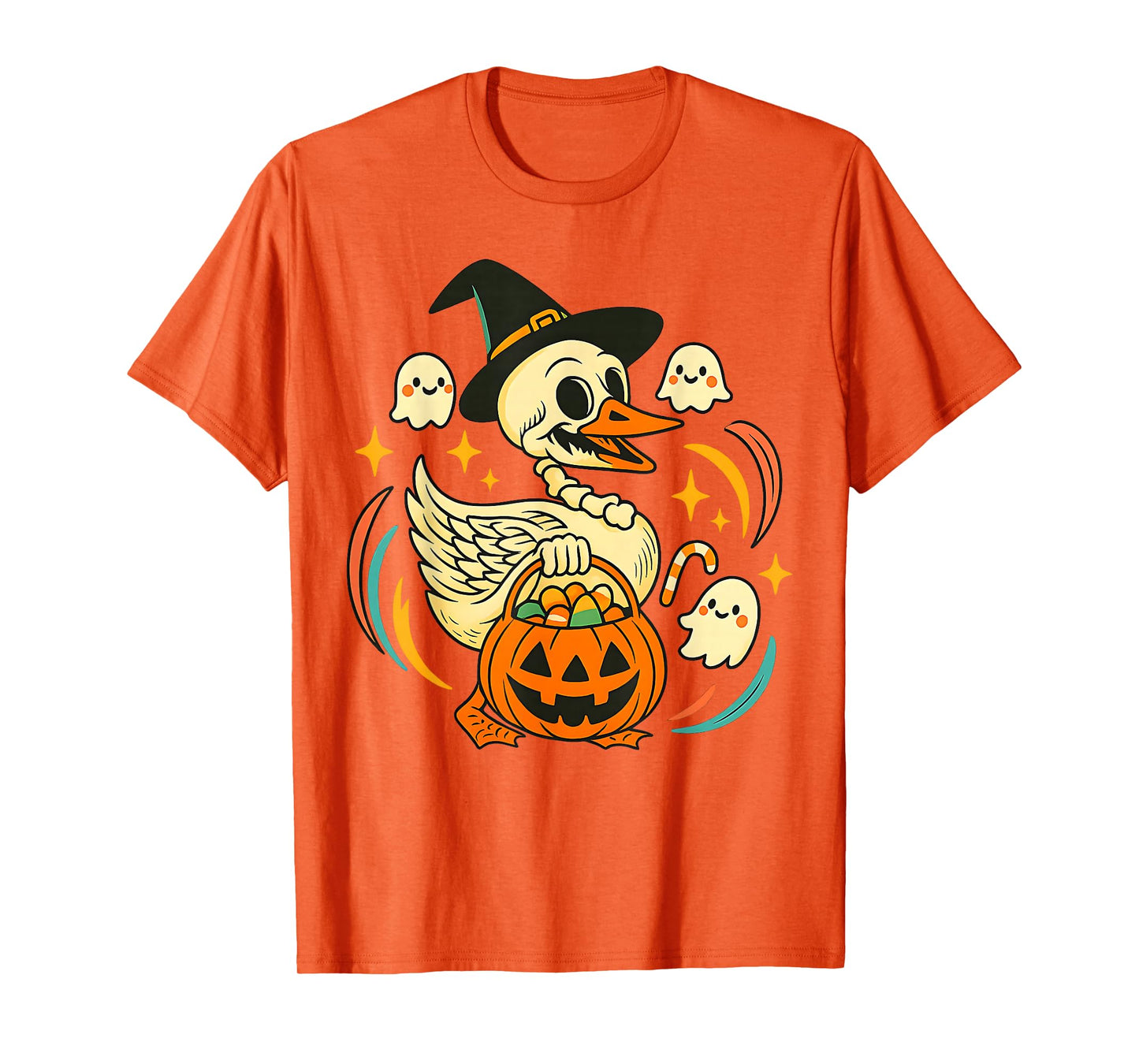 Halloween Goose Skeleton with Witch Hat Pumpkin Candy Bucket T-Shirt