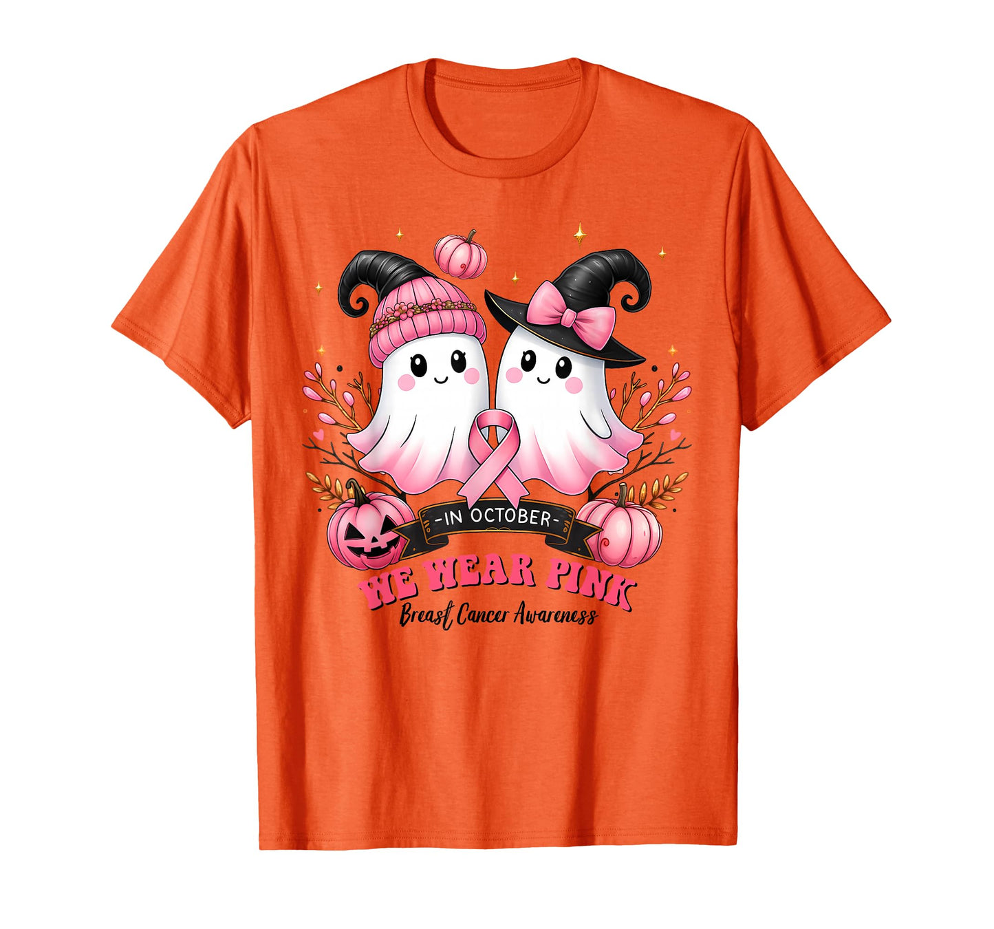 in October We Wear Pink Ghost Witch Breast Cancer Awareness T-Shirt