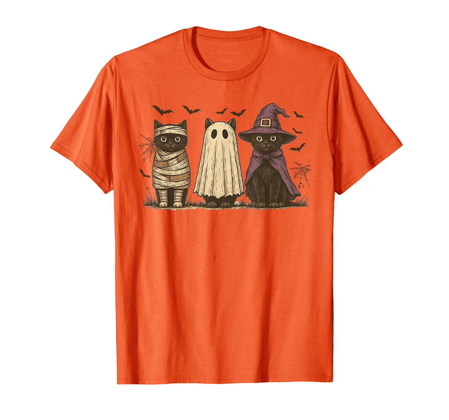 Retro Black Cat Witch Scary Halloween Pumpkin Women Men Kids T-Shirt