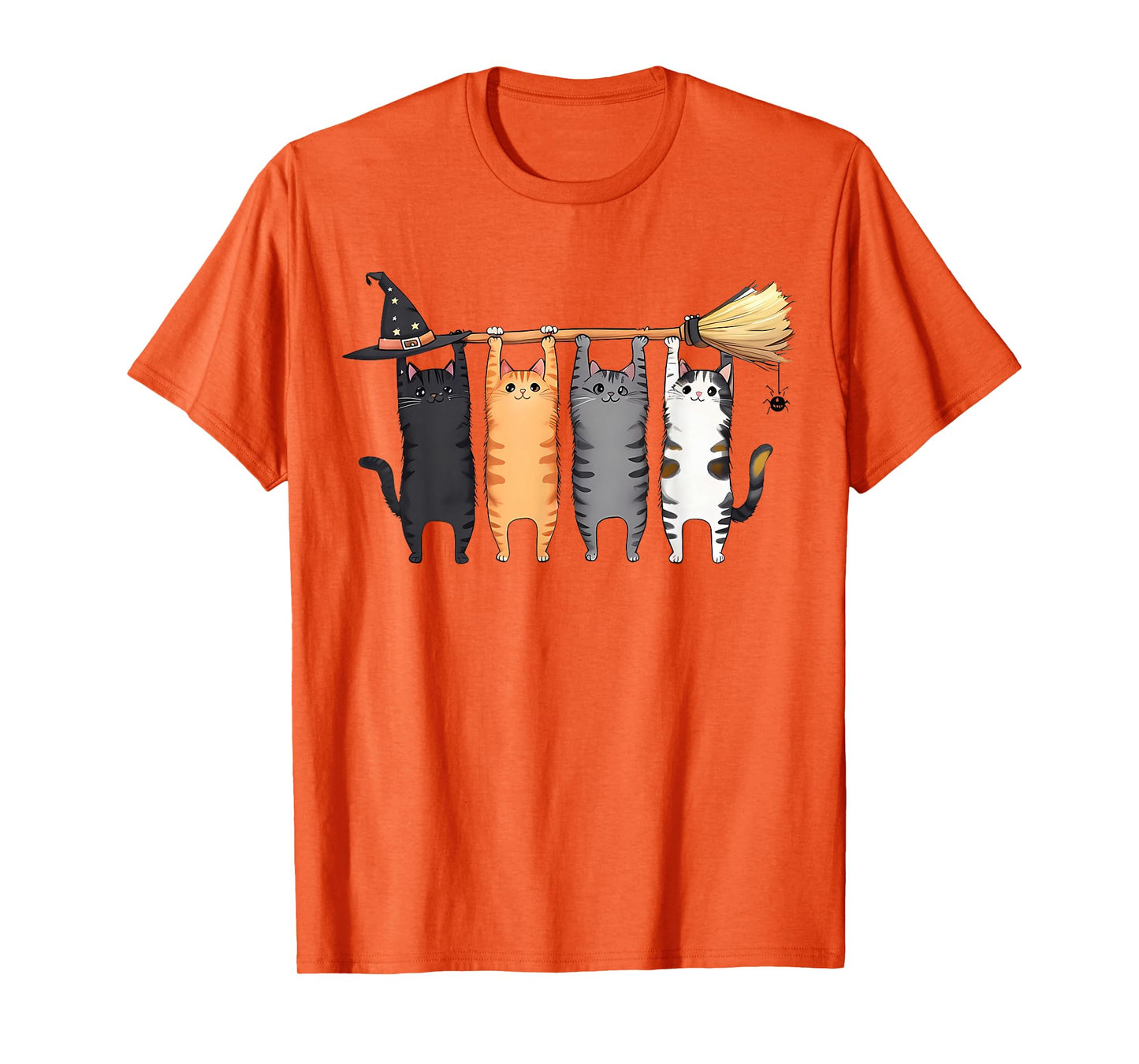 Cute Halloween Cats On Broomstick Funny Witch Hat Cat Lover T-Shirt